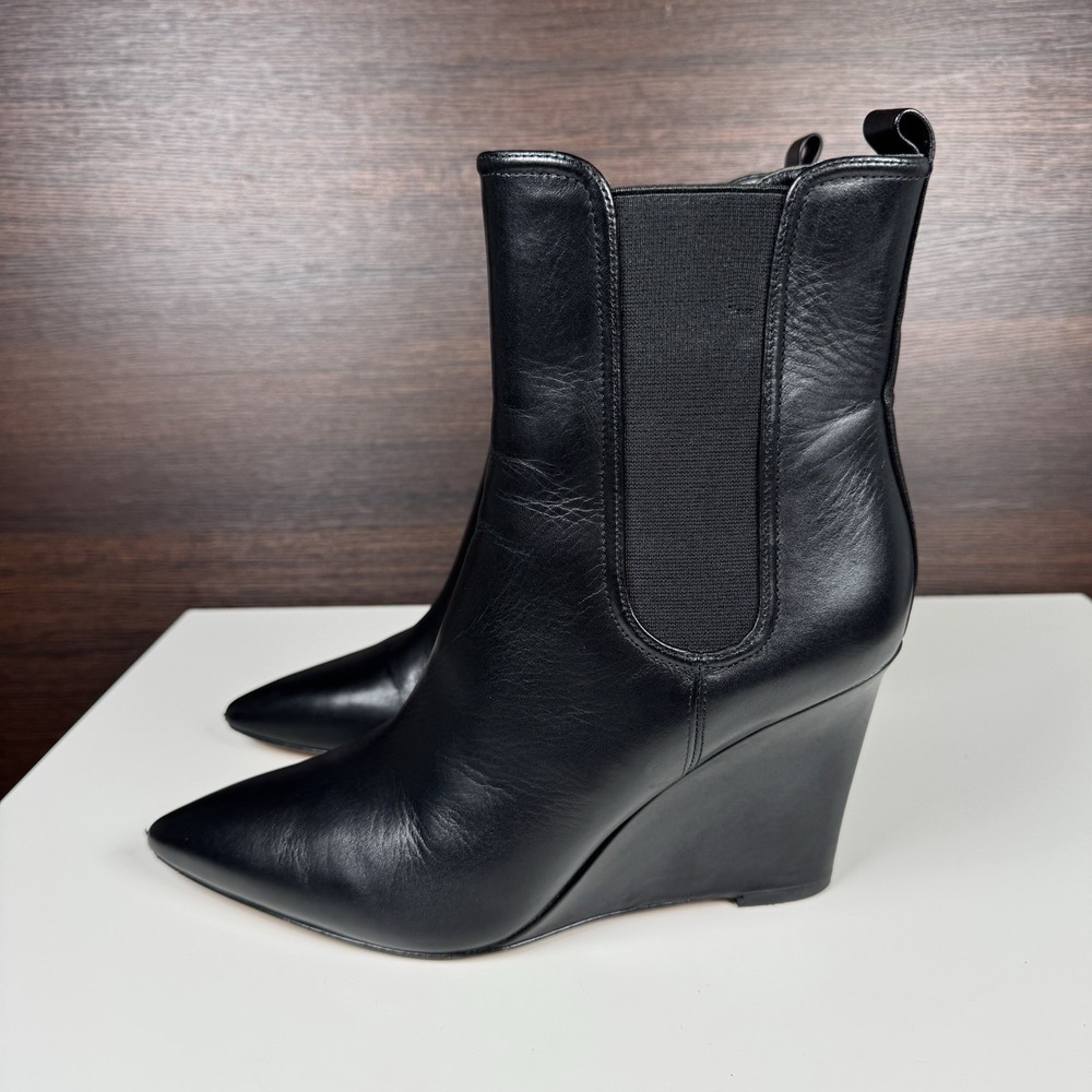 Veronica Beard Iluska Leather Wedge Chelsea Booties Black Women's Size 9.5 M